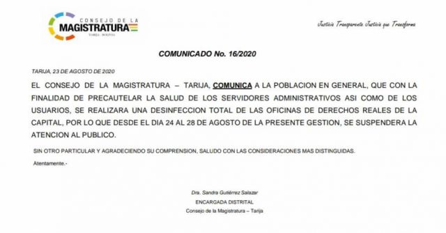 Derechos Reales suspende atención  hasta el 28 de agosto en Tarija