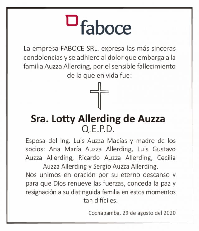 FABOCE envía su pesar por el fallecimiento de la Sra. Lotty Allerding de Auzza