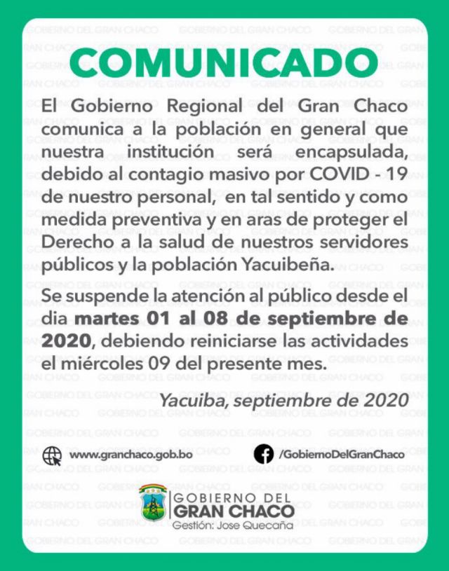 Por contagio masivo, el Gobierno Regional del Chaco será encapsulado
