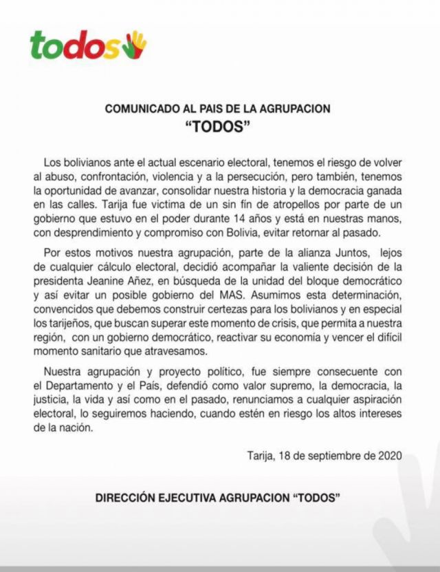 Todos decide acompañar la decisión de Áñez "en búsqueda de la unidad"