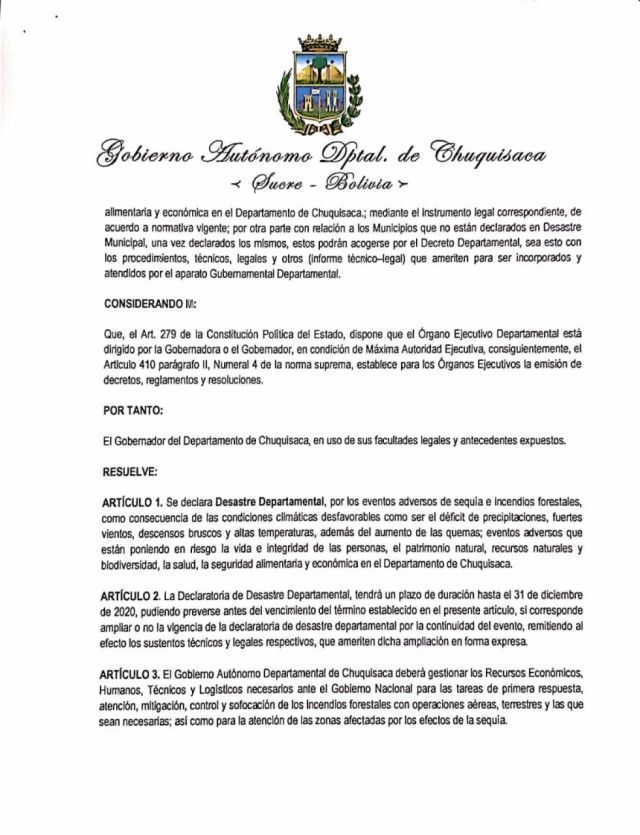Chuquisaca se declara en desastre departamental por incendios y las sequías