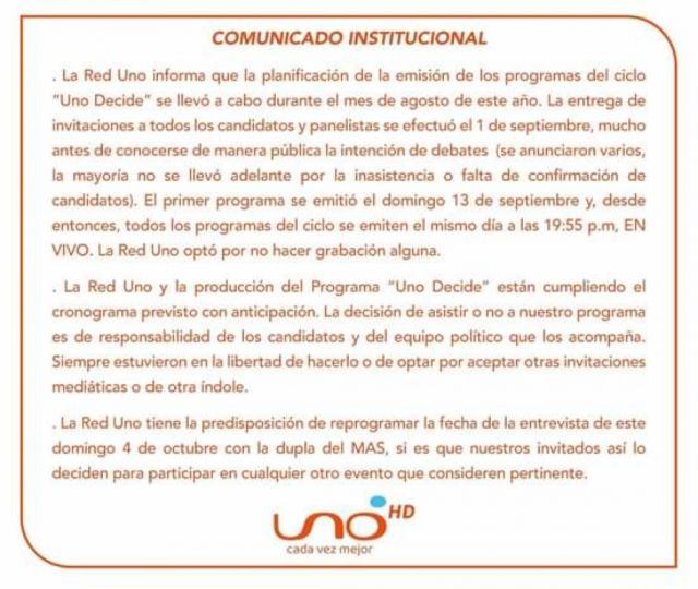 Red Uno de Bolivia dispuesta a reprogramar entrevista de Arce