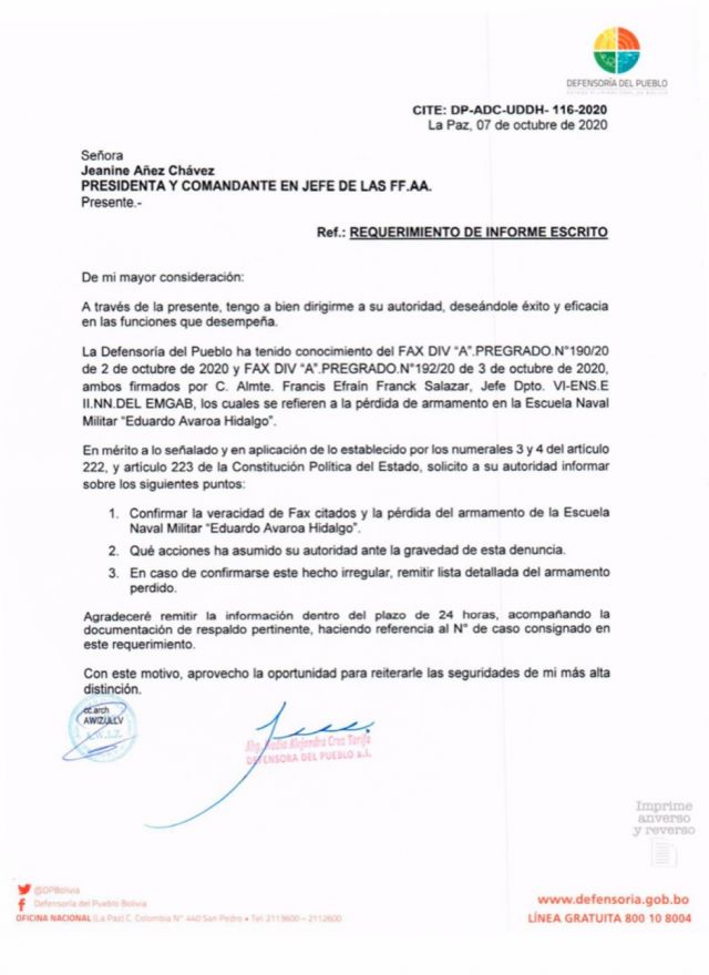 Defensoría pide al Gobierno informe sobre "pérdida" de armamento militar
