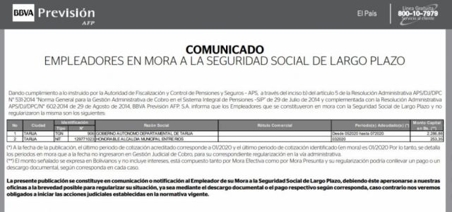 Empleadores en Mora Tarija, BBVA Previsión AFP 