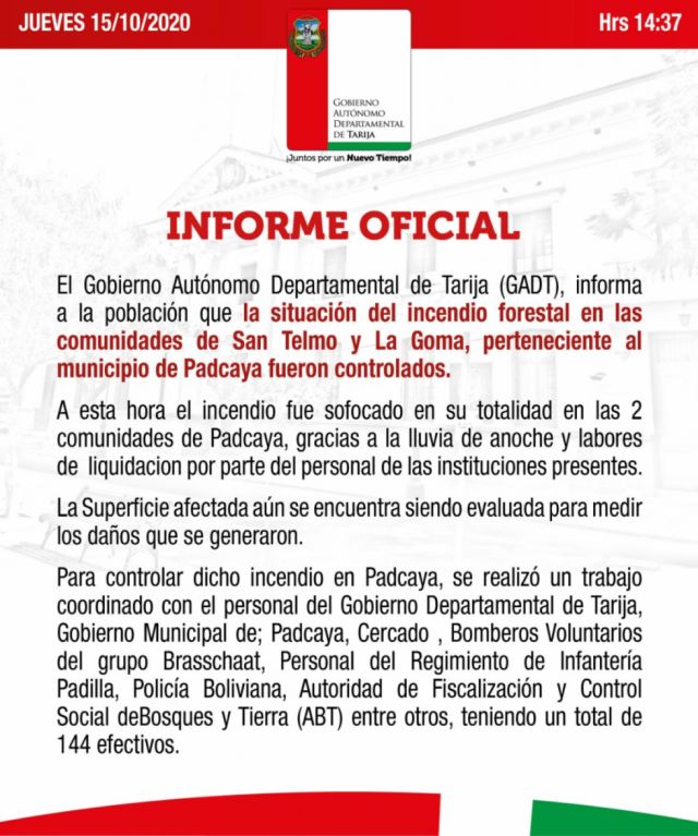 Tarija: Incendios en La Goma y San Telmo ya fueron sofocados