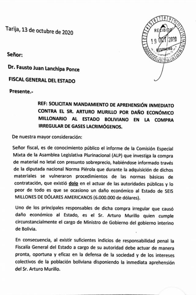 Abogados de Tarija piden aprehensión de Murillo por caso gases lacrimógenos