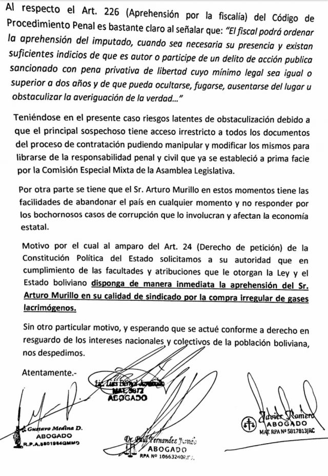Carta que solicita la orden de aprehensión contra Murillo.