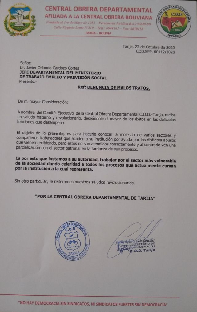 Central Obrera de Tarija denuncia malos tratos