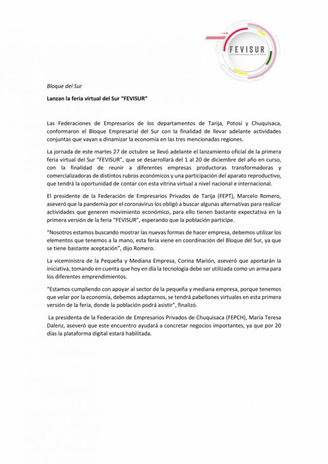Gobierno lanza feria virtual para apoyar a empresarios de Tarija 