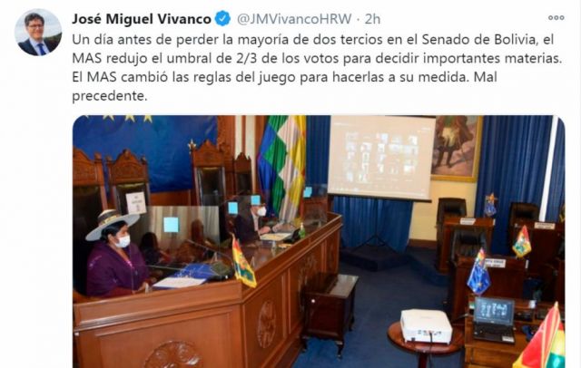  Human Rights observa "mal precedente” en que el MAS cambie reglas de dos tercios 