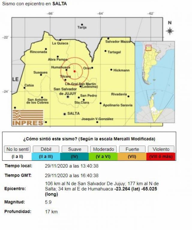 Un sismo de 5,9 en escala Ritcher se registró en Salta