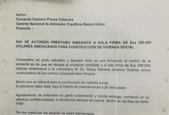 Mujer pretendía obtener préstamos de hasta $us 250.000 con una carta falsa de Arce