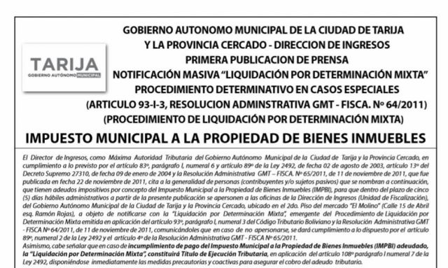Consulta aquí la lista de deudores en Tarija por concepto del Impuestos a la Propiedad de Bienes Inmuebles, Vehículos automotores y patente municipal