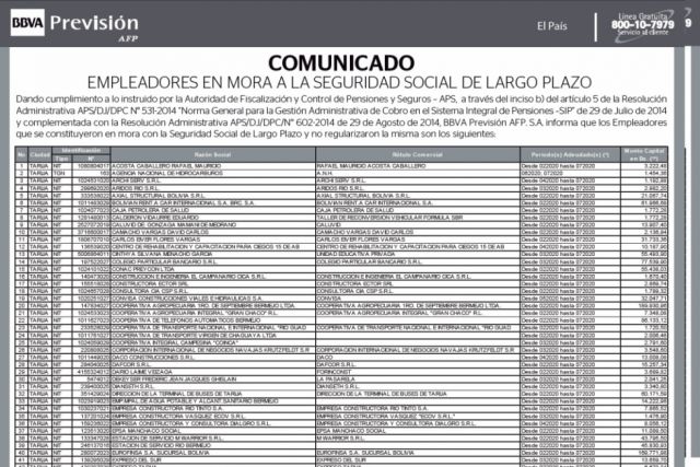 BBVA Previsión AFP informa sobre contribuyentes en mora en Tarija