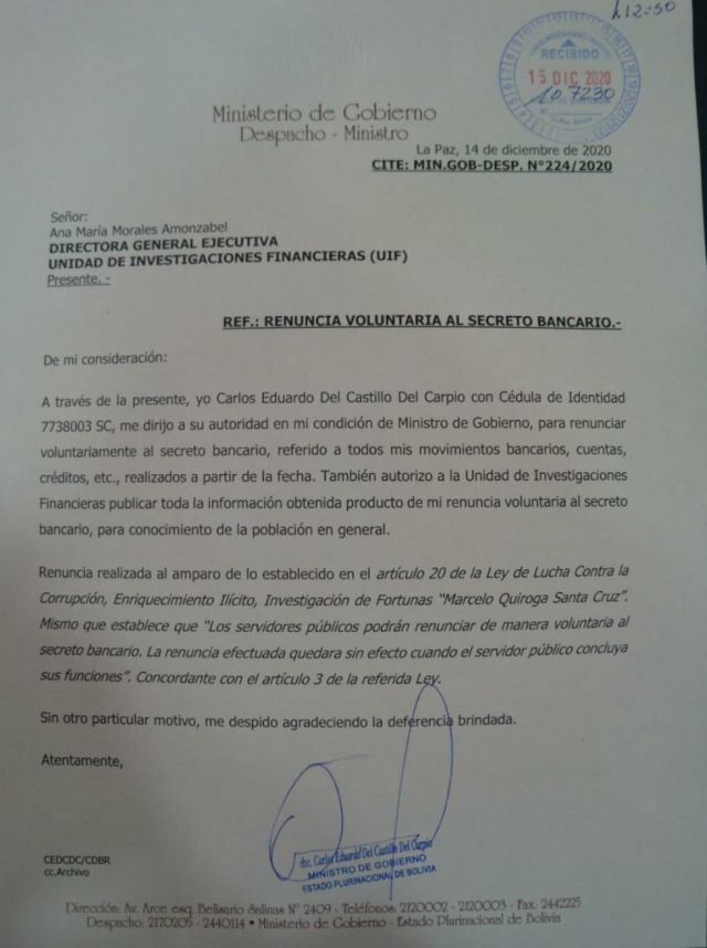 Ministro de Gobierno renuncia al secreto bancario
