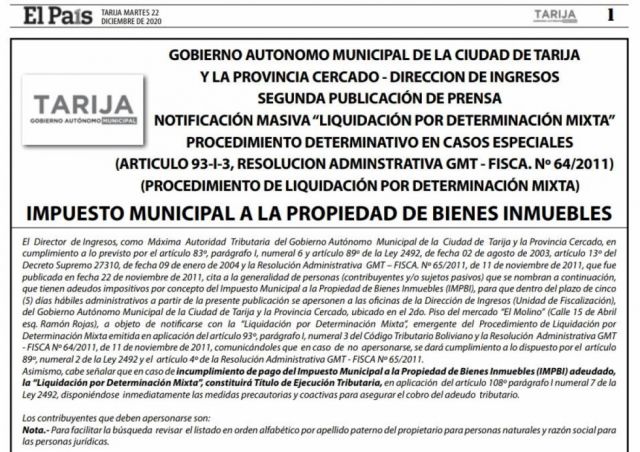 Consulta aquí la lista de deudores en Tarija por concepto del Impuestos a la Propiedad de Bienes Inmuebles, Vehículos automotores y patente municipal - Segunda publicación)