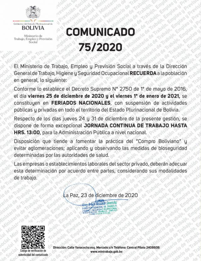 Ministerio de Trabajo ratifica horario continuo para el 24 y 31 de diciembre 
