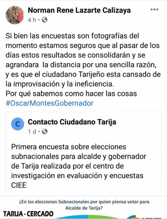Tarija: Miembros de Unidos eliminaron encuesta electoral que compartieron en sus redes 