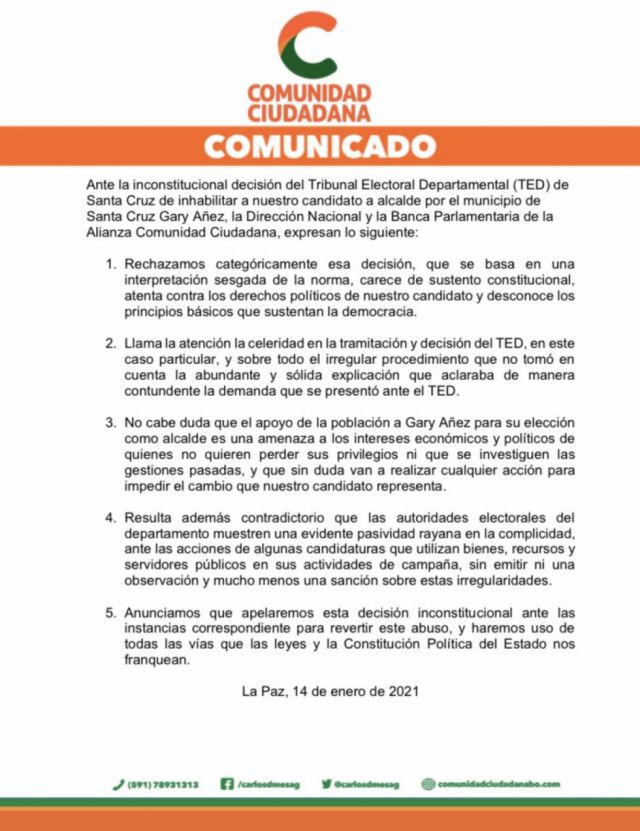 Gary Áñez, candidato en Santa Cruz por CC es inhabilitado, impugnará fallo