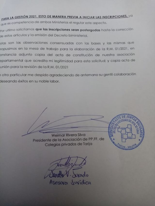 Padres rechazan pagar mensualidades sin descuentos en Tarija, marcharán mañana