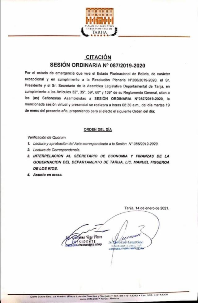 Interpelarán al Secretario de Economía de la Gobernación de Tarija por salarios impagos 