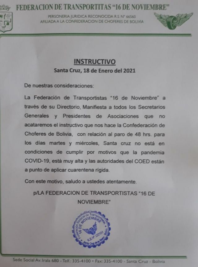Santa Cruz: Transportistas definen no acatar el paro y continuaran con su trabajo normal