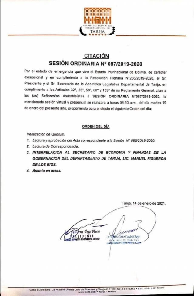 Tarija: Secretario de Finanzas de la Gobernación no asistió a interpelación