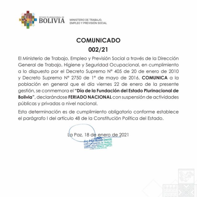Gobierno confirma feriado nacional para el viernes 22 de enero