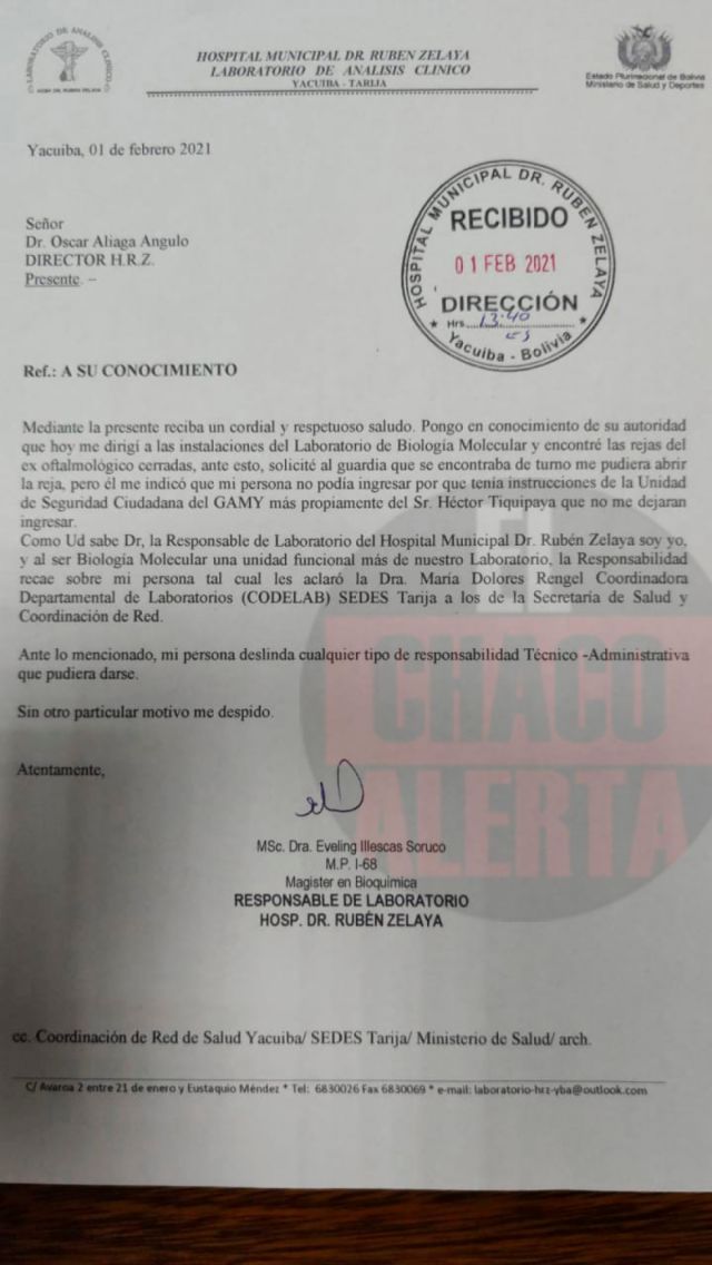 Responsable del laboratorio molecular de Yacuiba denuncia que no se le permite entrar a las instalaciones
