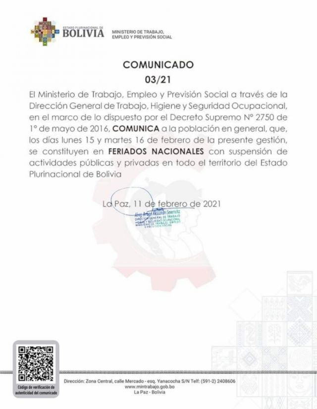 Trabajo dispone feriados nacionales para el 15 y 16 de febrero