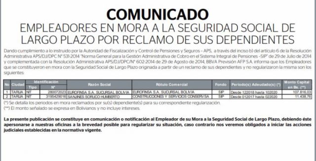 BBVA Previsión AFP informa sobre contribuyentes en mora en Tarija