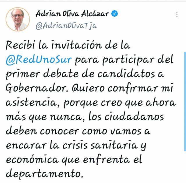 Oliva confirma asistencia a debate por la Gobernación de Tarija