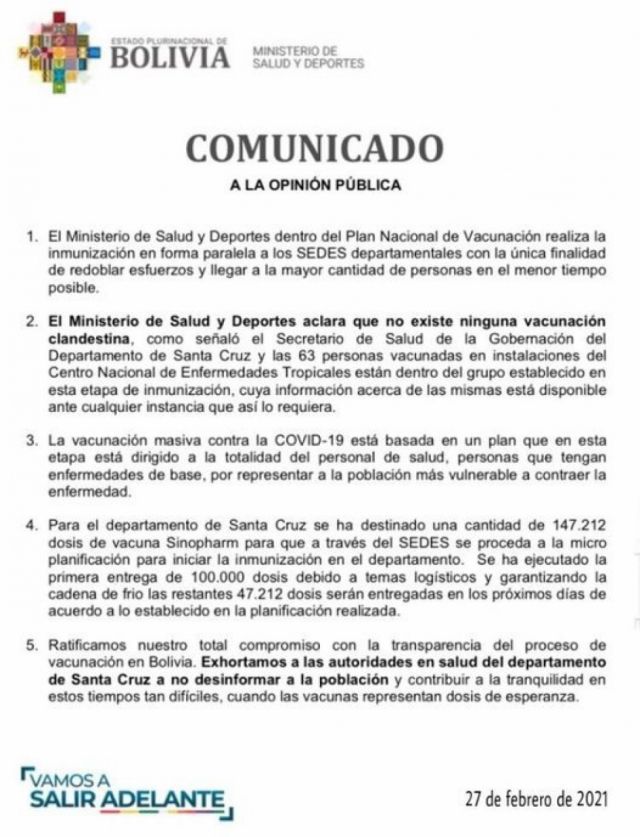 Ministerio de Salud exhortó al COED de Santa Cruz por denuncia de vacunación clandestina