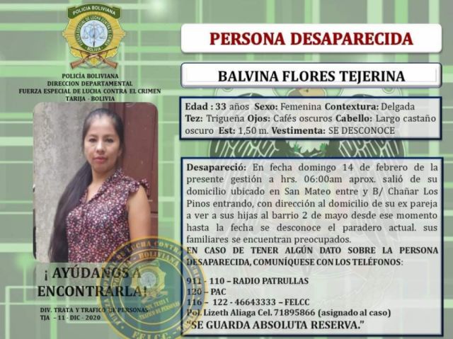 Balvina Flores desapareció hace 20 días en Tarija,  no hay indicios de su paradero