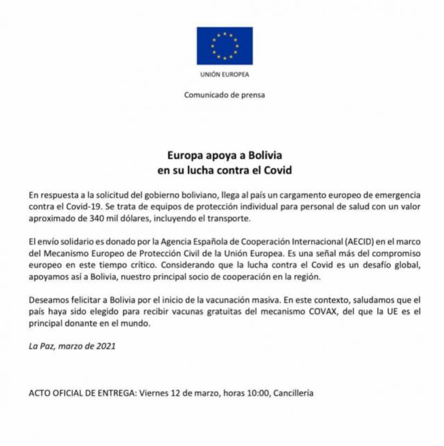 La UE anuncia donación de equipos de protección contra el COVID-19 para Bolivia