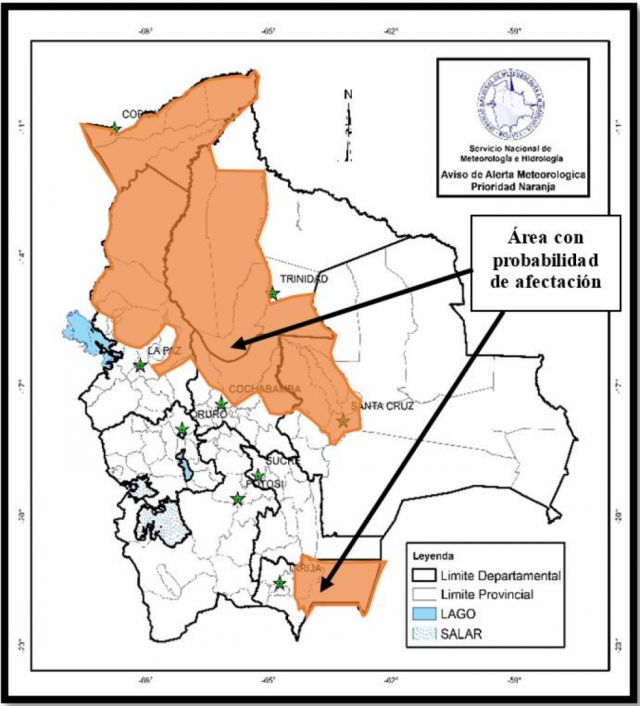 Senamhi emite alerta naranja por lluvias en Tarija y otros 5 departamentos
