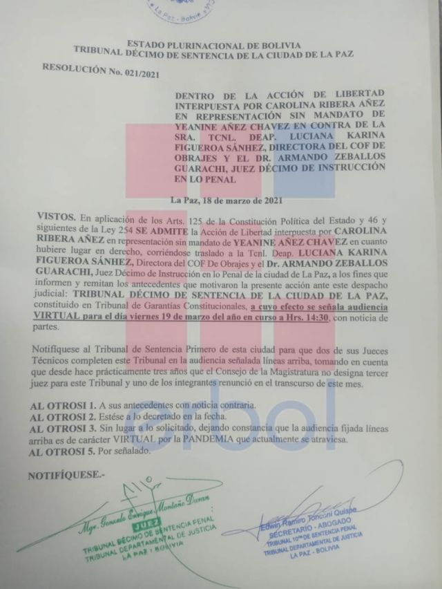 Audiencia de Acción de Libertad de Áñez se desarrollará la tarde de este viernes 