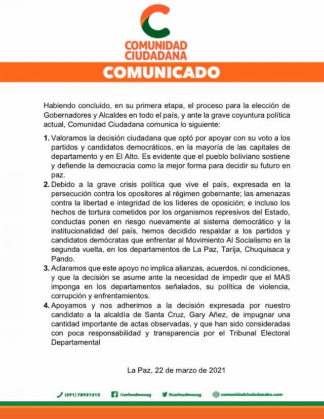 CC apoyará a candidatos contrarios al MAS para segunda vuelta
