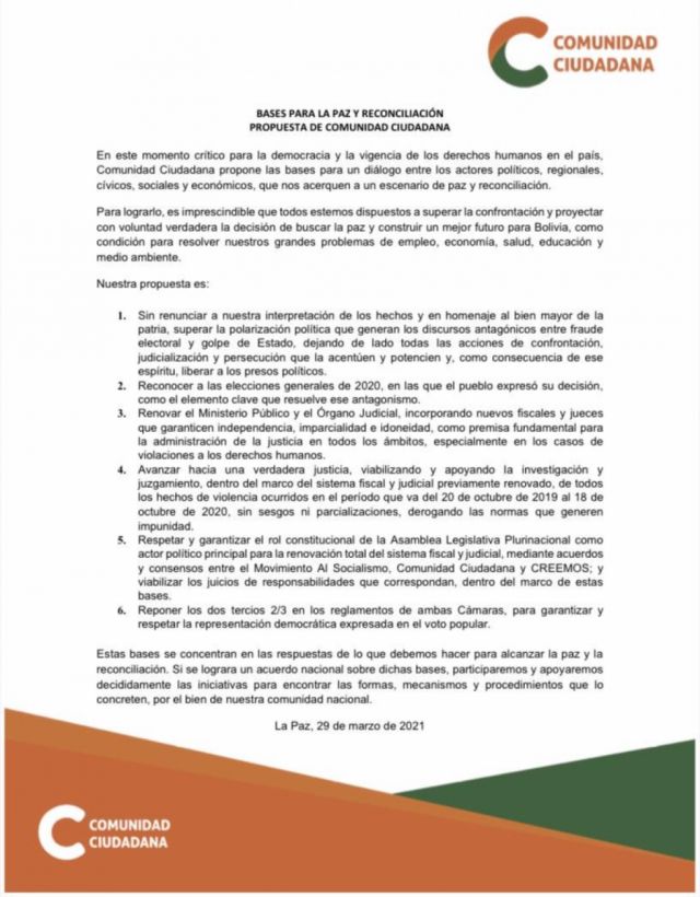 CC propone seis puntos para buscar un "escenario de paz y reconciliación" en Bolivia