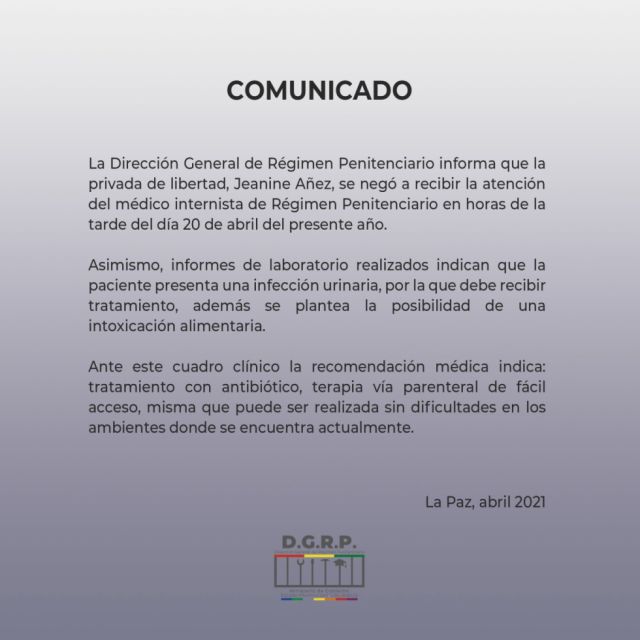 Régimen Penitenciario comunica que Áñez se negó a recibir atención médica