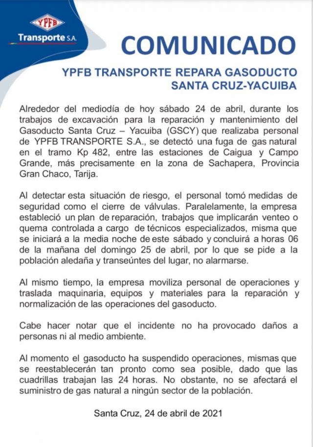 YPFB reporta fuga de gas en el gasoducto Santa Cruz-Yacuiba, procederán con la reparación