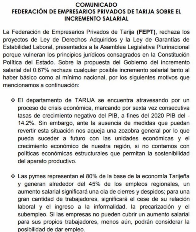 Empresarios Privados de Tarija rechazan incremento salarial 