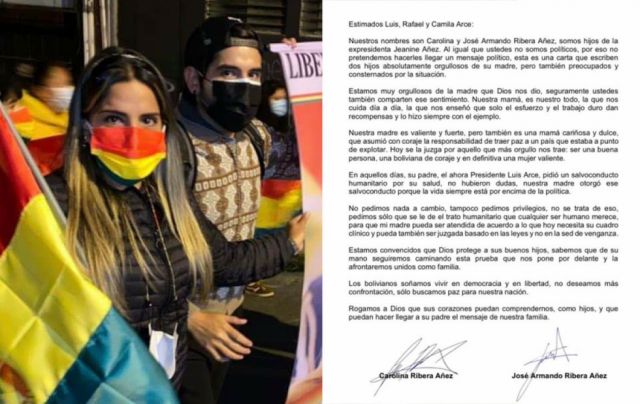 Hijos de Jeanine Áñez envían carta a hijos del Presidente para pedir por su madre