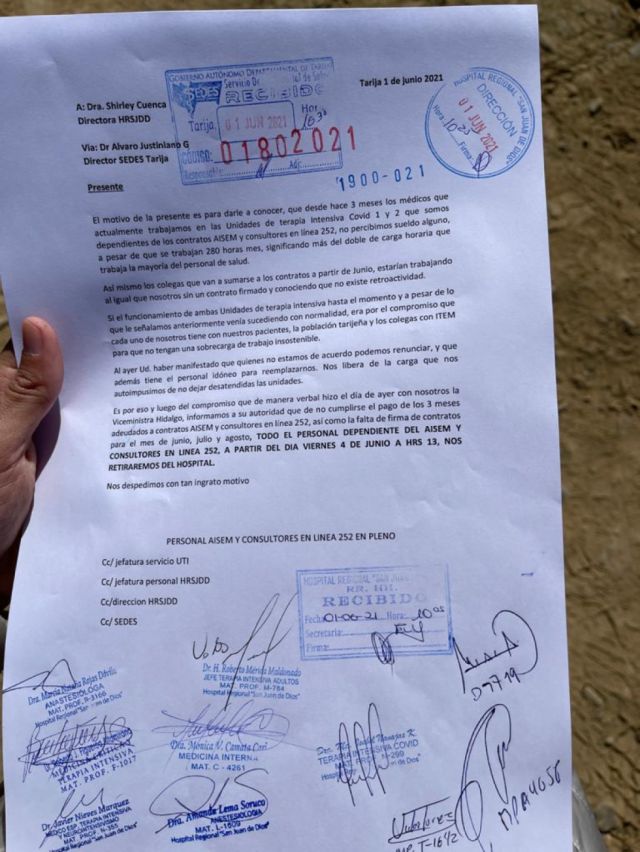 Personal de salud de Tarija, con contratos de AISEM, advierten con retirarse de sus fuentes laborales si no les pagan sueldos adeudados