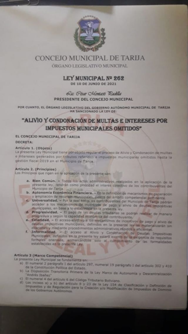 Alcaldía de Tarija pondrá en vigencia ley que perdonará hasta el 100% de multas de los impuestos municipales 