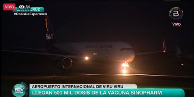 Arriban 500.000 dosis de vacuna Sinopharm a Bolivia 