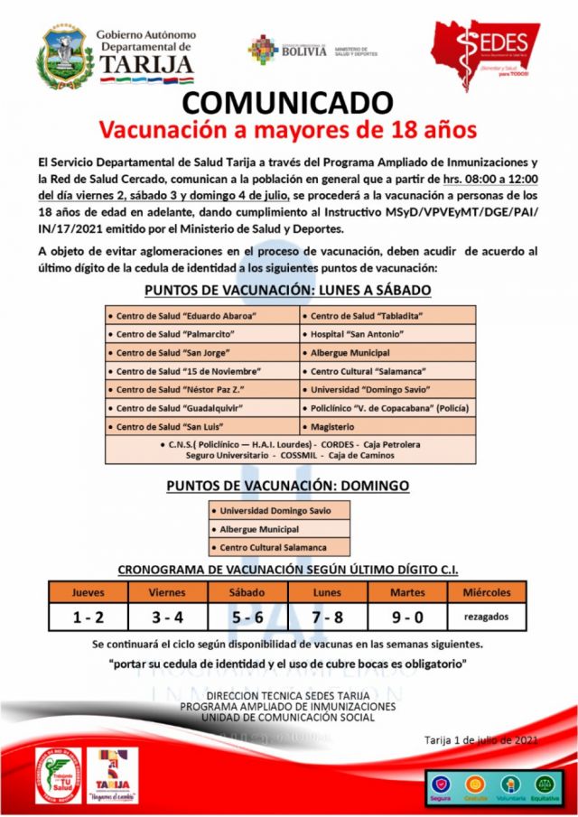 Covid: Este viernes inicia la inoculación a mayores de 18 años en Tarija 