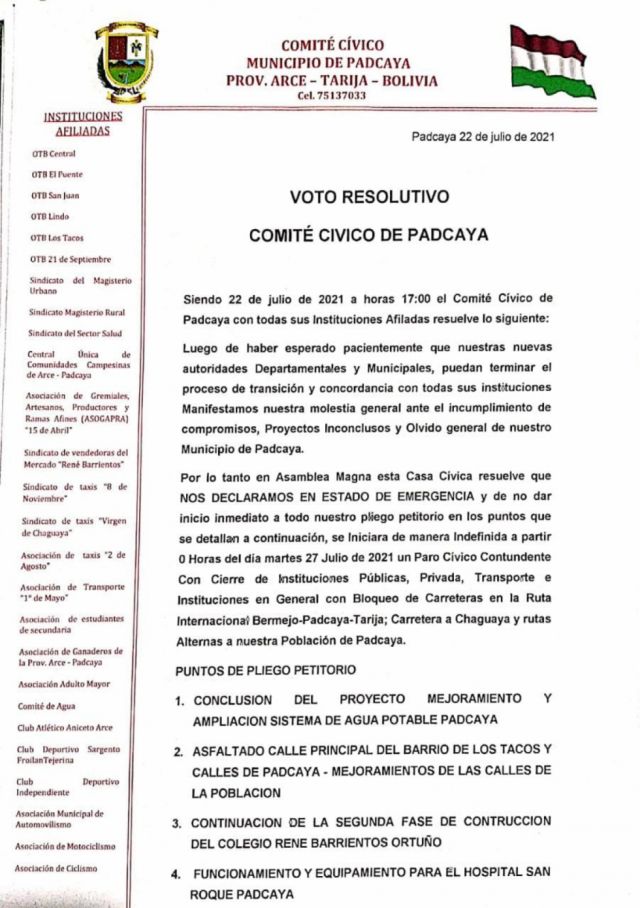 Cívicos de Padcaya en emergencia piden conclusión de obras para el municipio