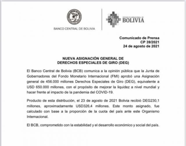 El FMI entrega a Bolivia $us.326.4 millones para enfrentar efectos de la pandemia