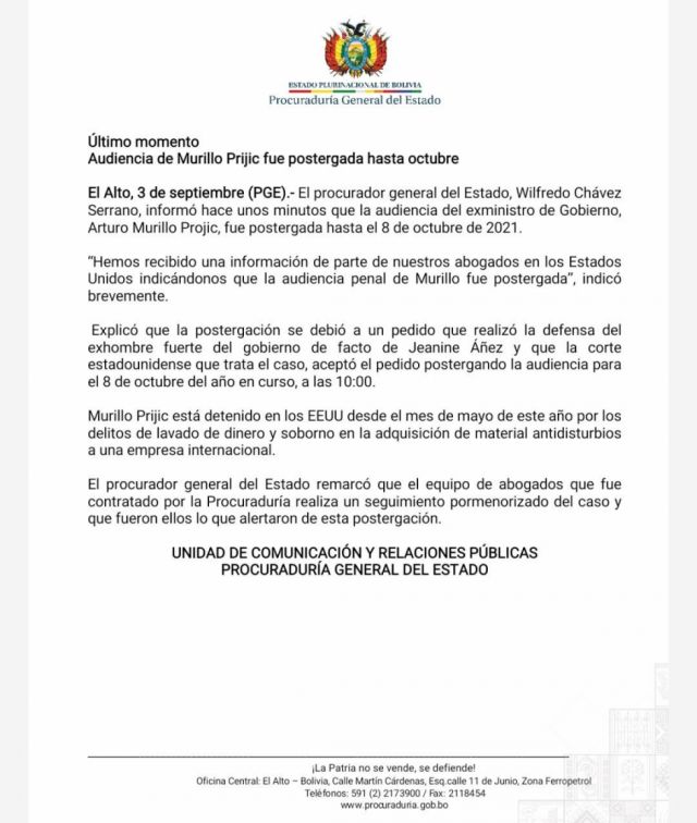 Postergan audiencia de Arturo Murillo para octubre